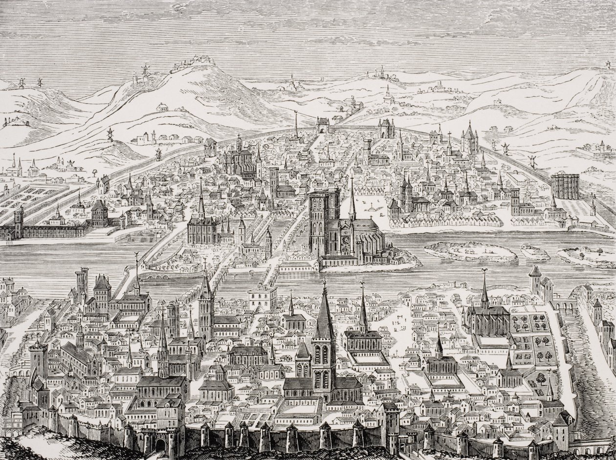 Párizs perspektivikus képe, Leonard Gaultier (1561-1641) 1607-es rézkarcának fakszimile, Paul Lacroix (1806-84) „Le Moyen Age et La Renaissance” című művéből, 1847-ben megjelent alkotó: French School