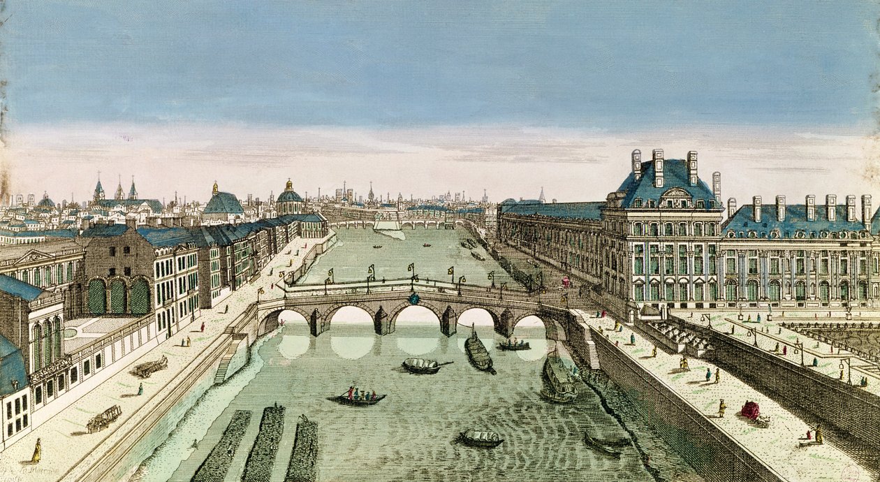 Párizs perspektivikus képe a Pont Royalról (színes metszet) alkotó: French School