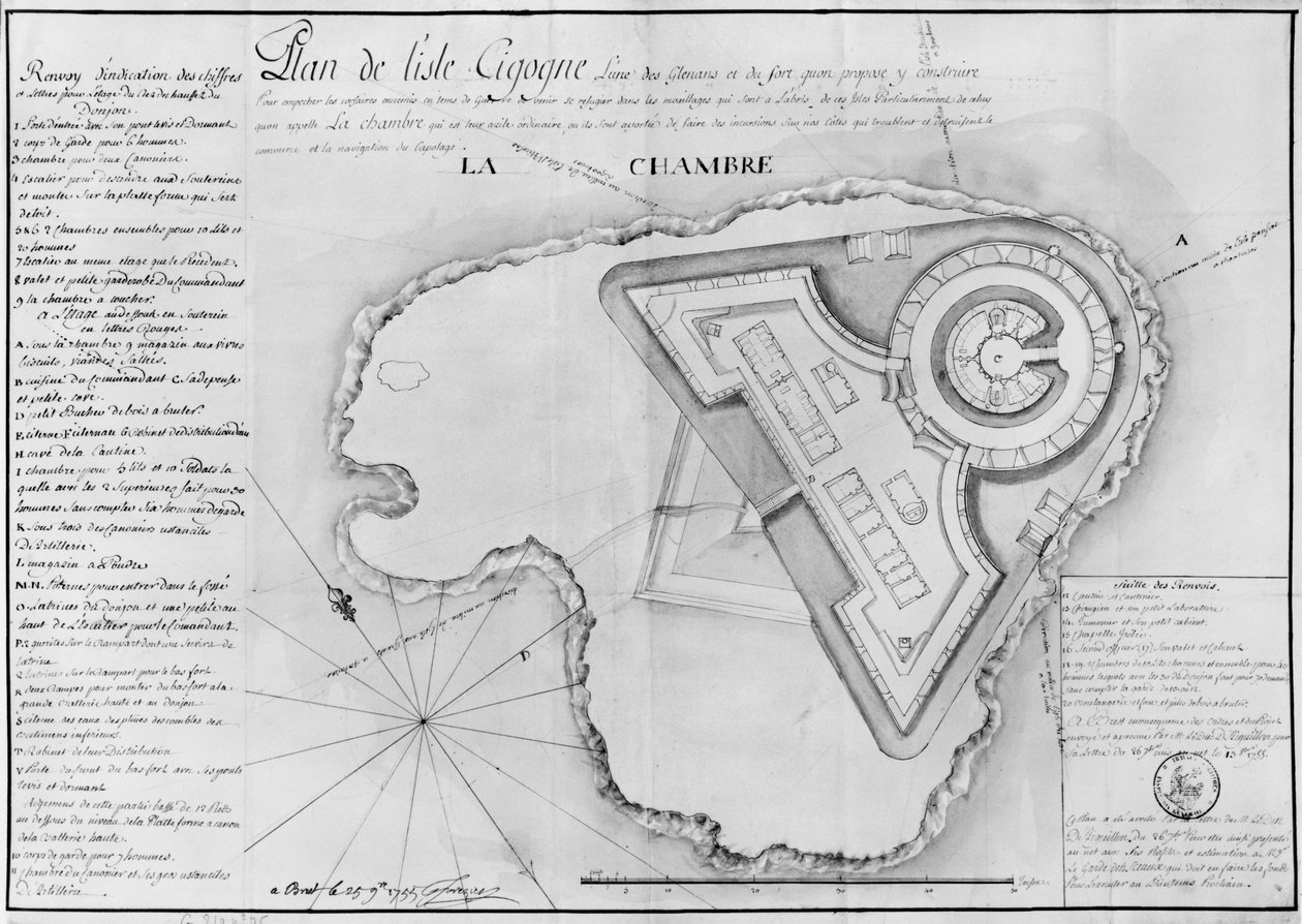 Az Ile Cigogne terve és egy erőd, Archipel des Glenan, 1745 (ceruza és WC papíron) alkotó: French School