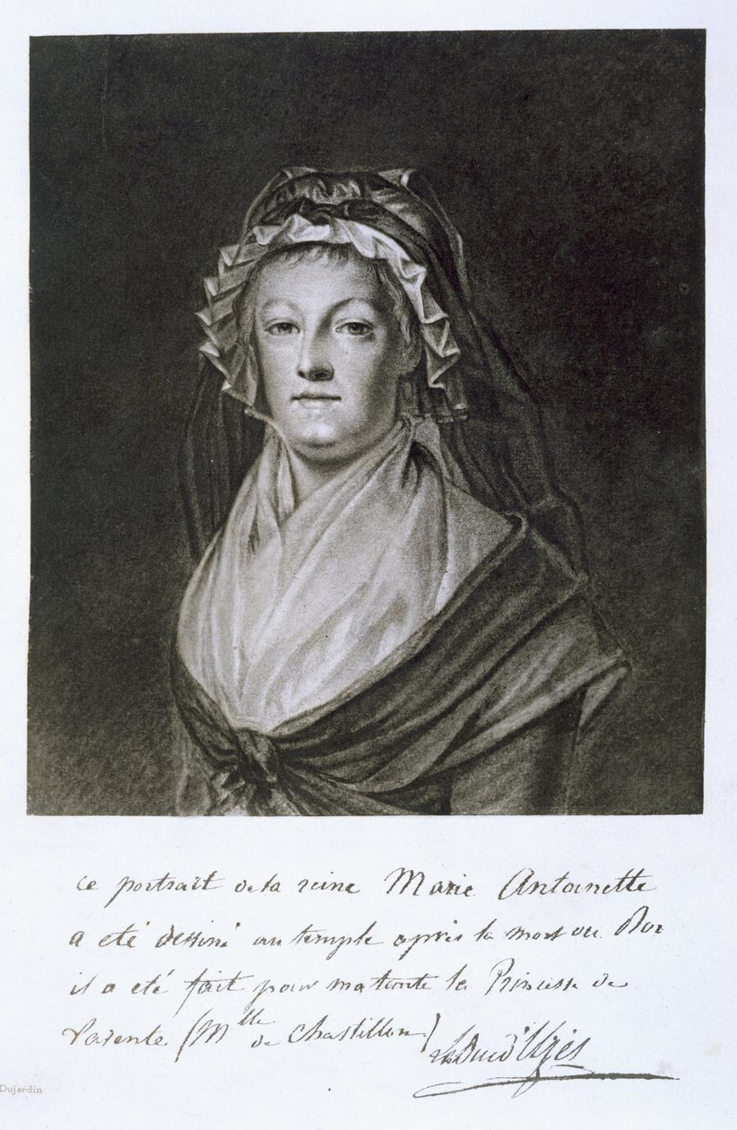 Marie Antoinette portréja a templomi börtönben, Dujardin metszetében, a „Souvenirs de la Revolution: Mes Parents”-ből, Charles, Tremoille herceg, kiadva Párizs, 1901 (héliomgravúr) alkotó: French School