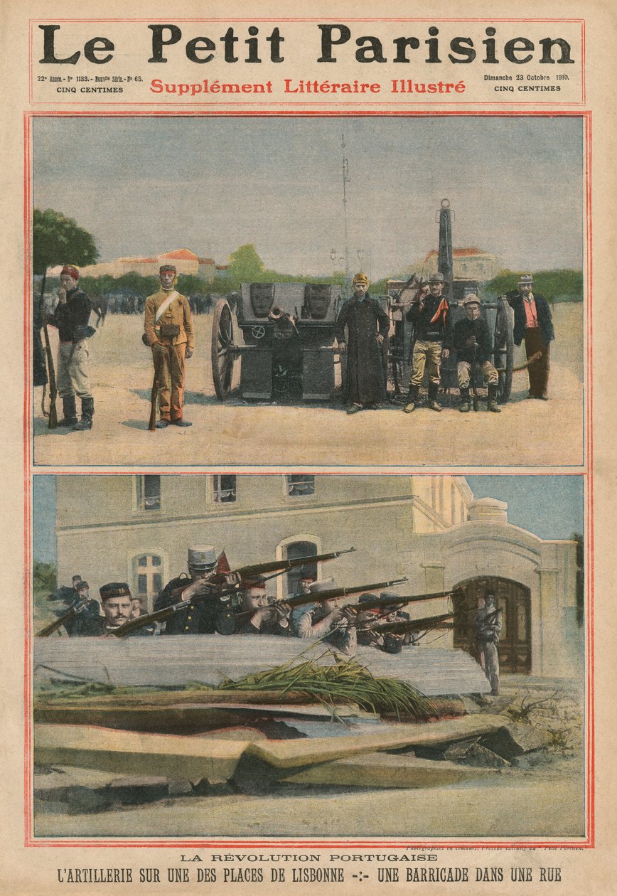 Portugál forradalom, Tüzérség Lisszabon egyik terén, barikád az utcán, előlapi illusztráció a „Le Petit Parisien”-ből, kiegészítés litteraire illustre, 1910. október 23. (photolitho) alkotó: French School