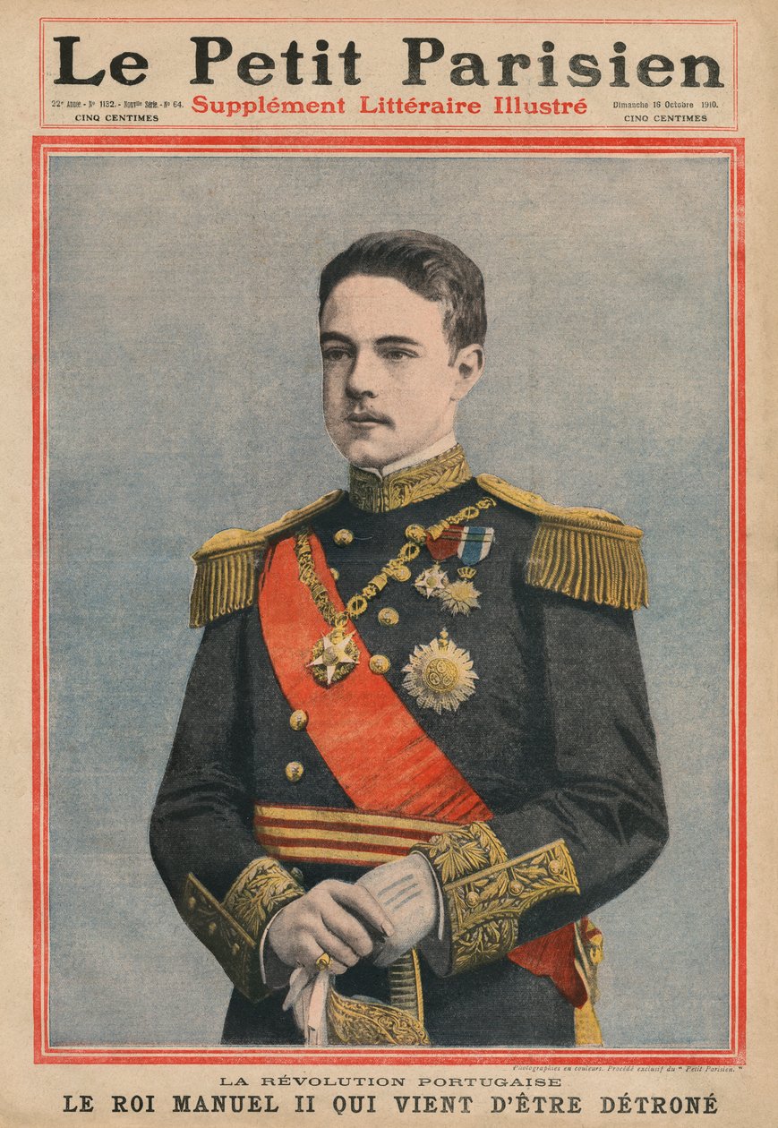 Portugál forradalom, II. Manuel portugál királyt éppen letaszították a trónról, a „Le Petit Parisien” címlapjának illusztrációja, kiegészítés litteraire illustre, 1910. október 16. (photolith) alkotó: French School