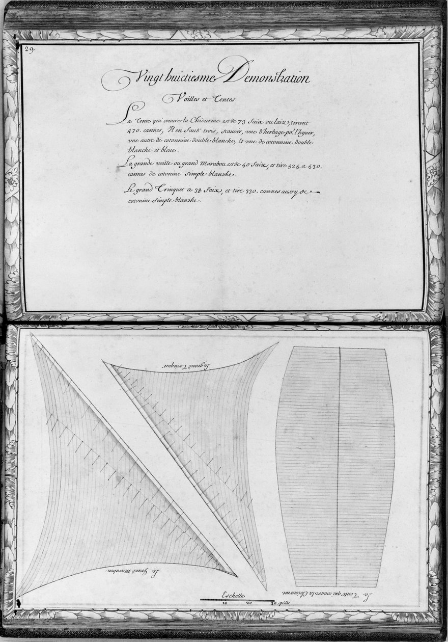 Egy gálya vitorlái, huszonnyolcadik bemutató, 29. tábla, illusztráció a "Demonstrations of all the pieces of wood, nails and iron which enter into the construction of a galley..." (ceruza és alkotó: French School