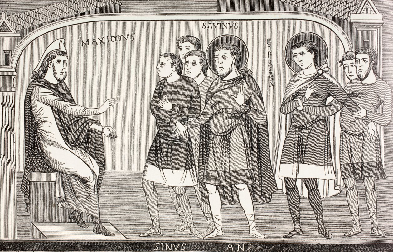 Savin és Cyprian szentek, akik megvallják Galerius Maximus prokonzulnak, hogy keresztények, Paul Lacroix „Katonai és vallási élet a középkorban” című művéből, London, 1880 körül. alkotó: French School