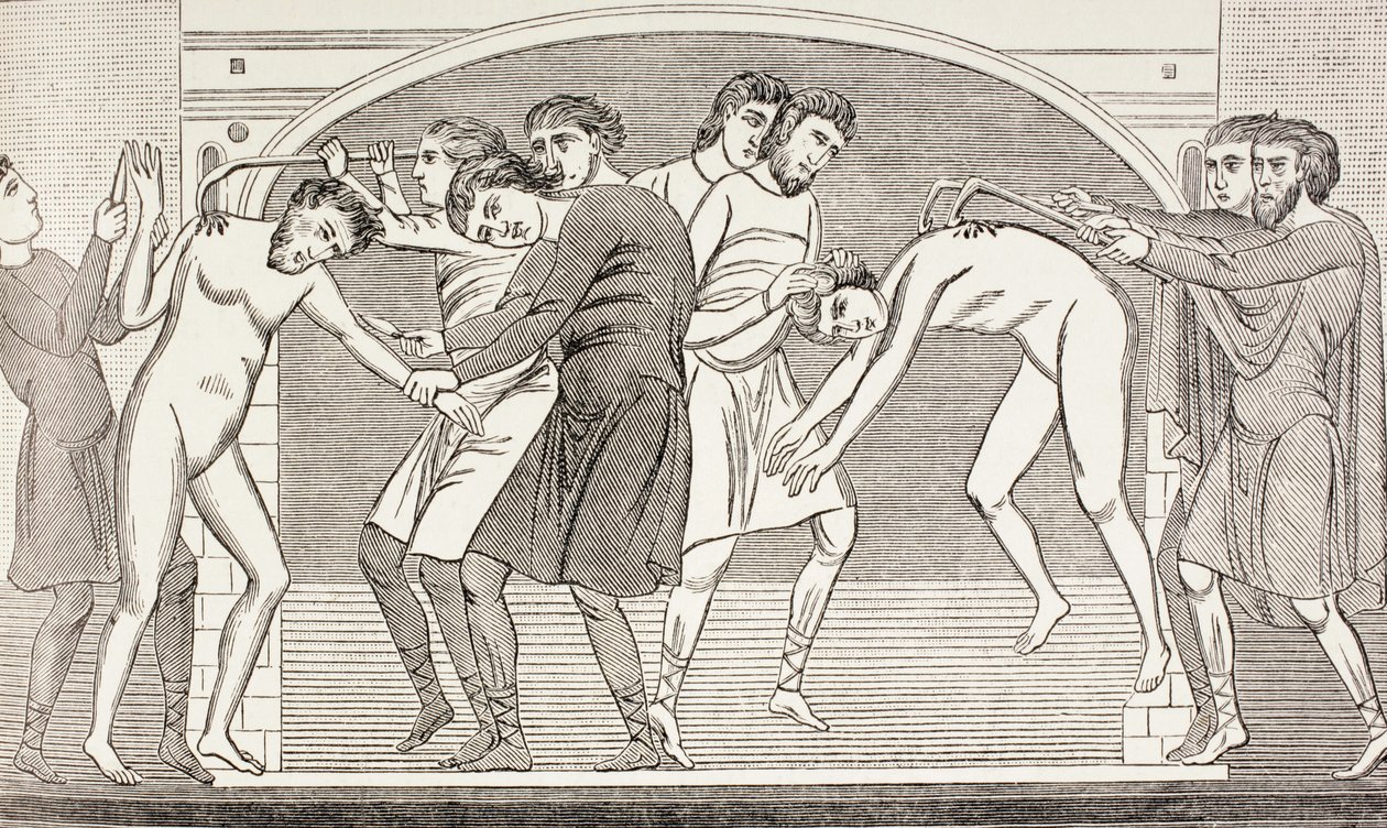 Szent Savin és Cyprian húsát vaskampóval kitépték a testükből, Paul Lacroix „Katonai és vallási élet a középkorban” című művéből, London, 1880 körül. alkotó: French School
