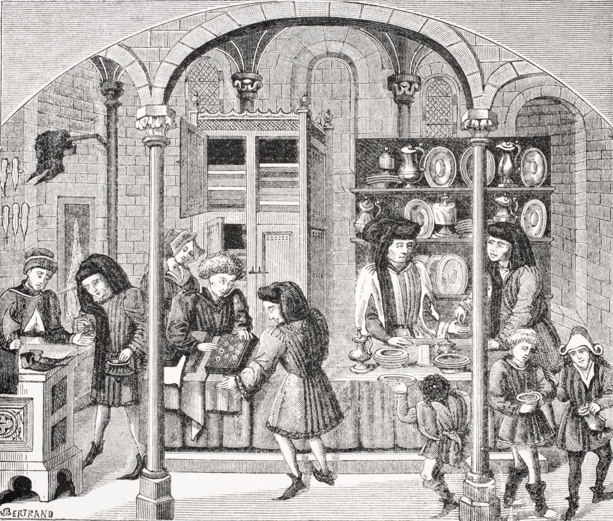 Boltok egy fedett piac alatt, Arisztotelész „Etika és politika” című művének 14. századi, Nicolas Oresme (kb. 1323-82) fordítása nyomán Paul Lacroix „Le Moyen Age et La Renaissance” című művéből ( alkotó: French School
