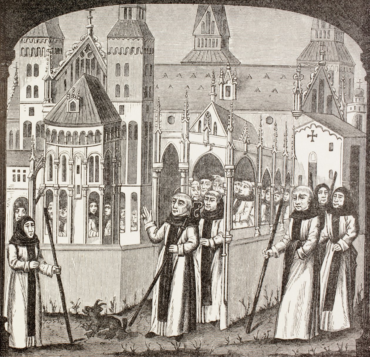Clairvaux-i Szent Bernát és a ciszterci szerzetesek, akik birtokba veszik a clairvaux-i apátságot, Paul Lacroix „Katonai és vallási élet a középkorban” című művéből, London, 1880 körül. alkotó: French School