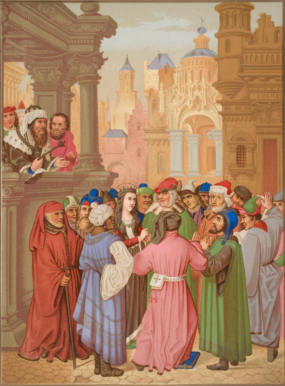 Szent Katalin Alexandriai doktorok által körülvéve, a „Brevarium Grimani” miniatúrája után, amelyet Hans Memling (kb. 1433-94) készített Paul Lacroix (1806) „Le Moyen Age et la Renaissance” című művéből. alkotó: French School