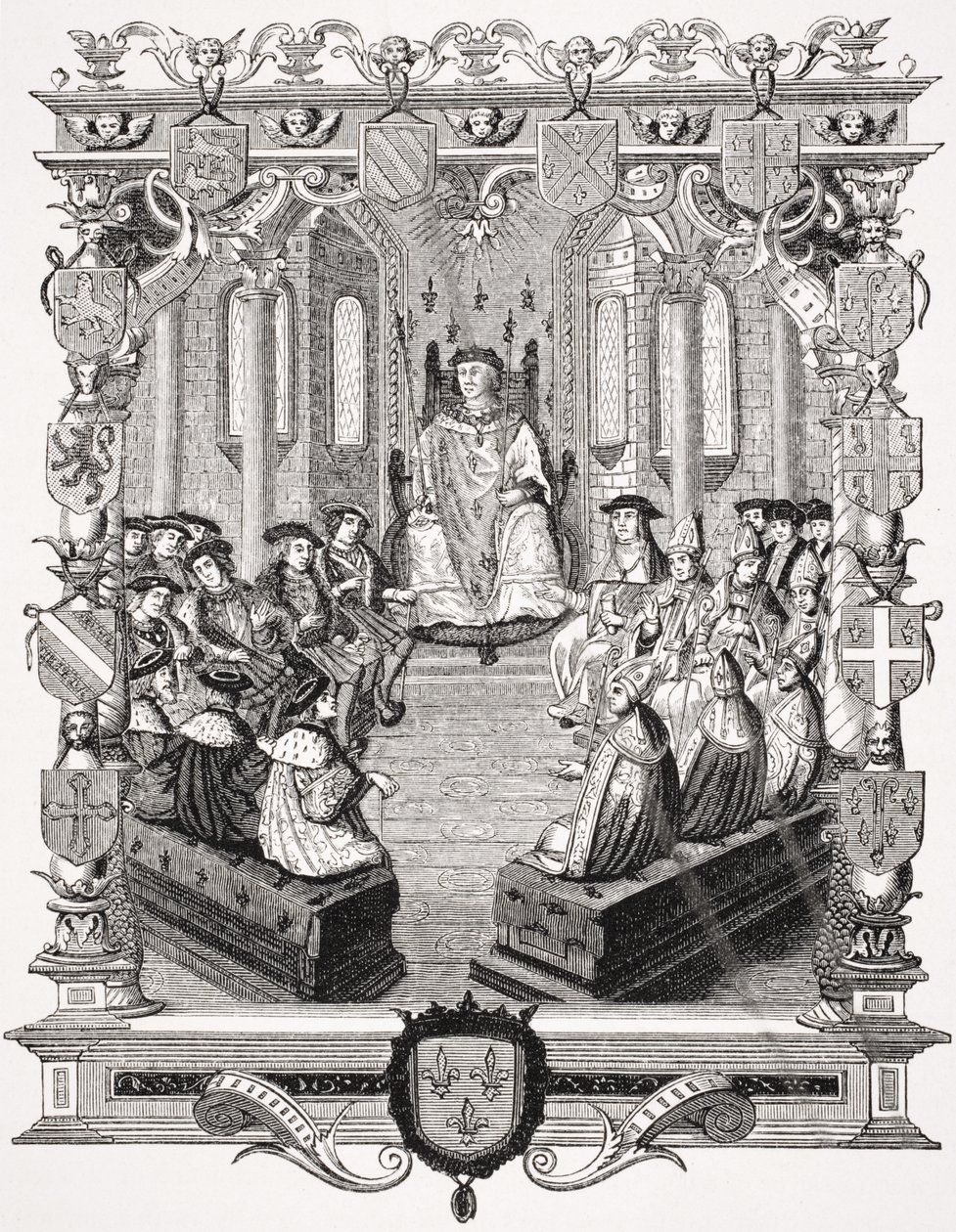 Charles de Bourbon (1490-1527) polgári pere a francia társaik előtt, 1523, Paul Lacroix „Moyen kora és reneszánsz” című művéből készült „La Monarchie Francoise of Montfaucon” metszete után alkotó: French School