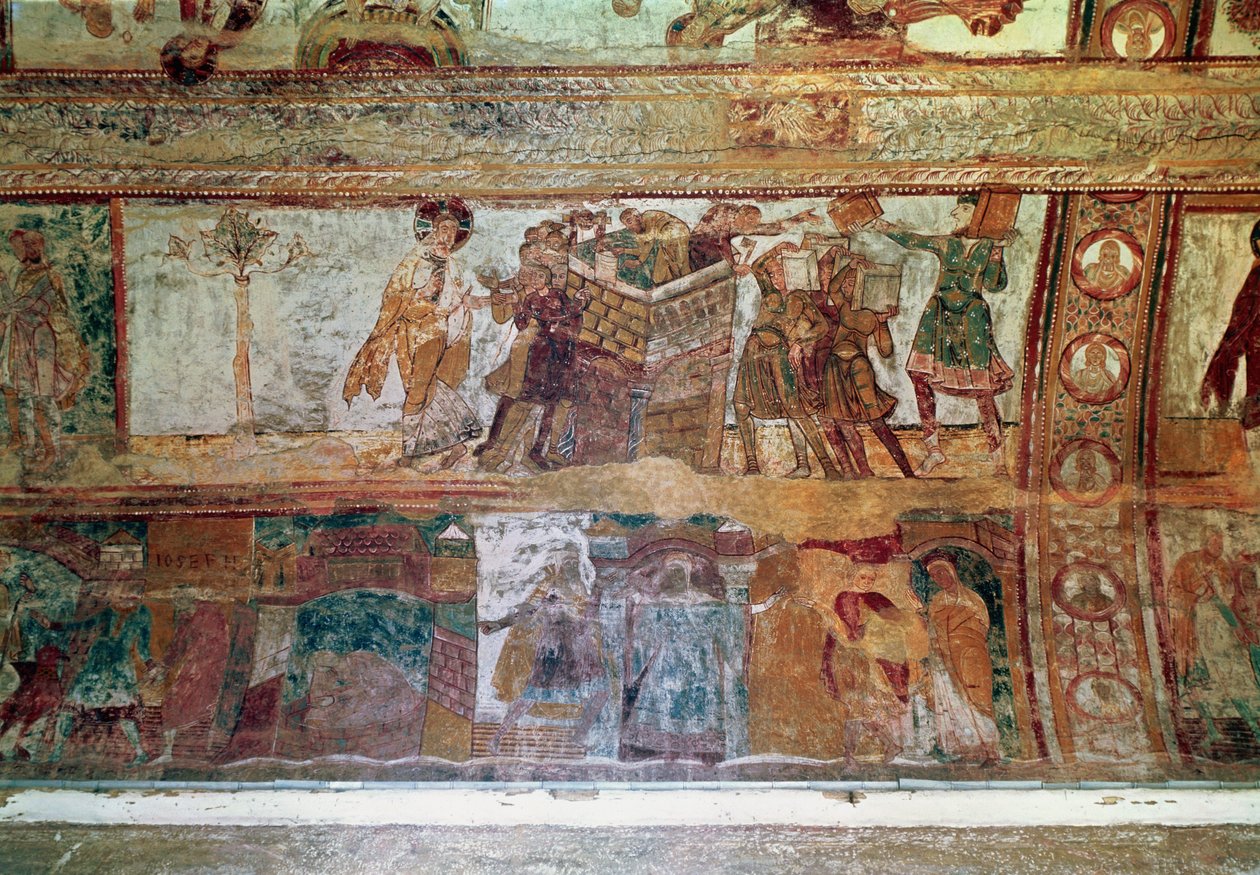 Bábel tornyának építése (felső nyilvántartás); József és Potifár feleségének találkozása, valamint József börtönbe vetése (alsó regiszter), a hajóboltozatból, 1100 körül alkotó: French School