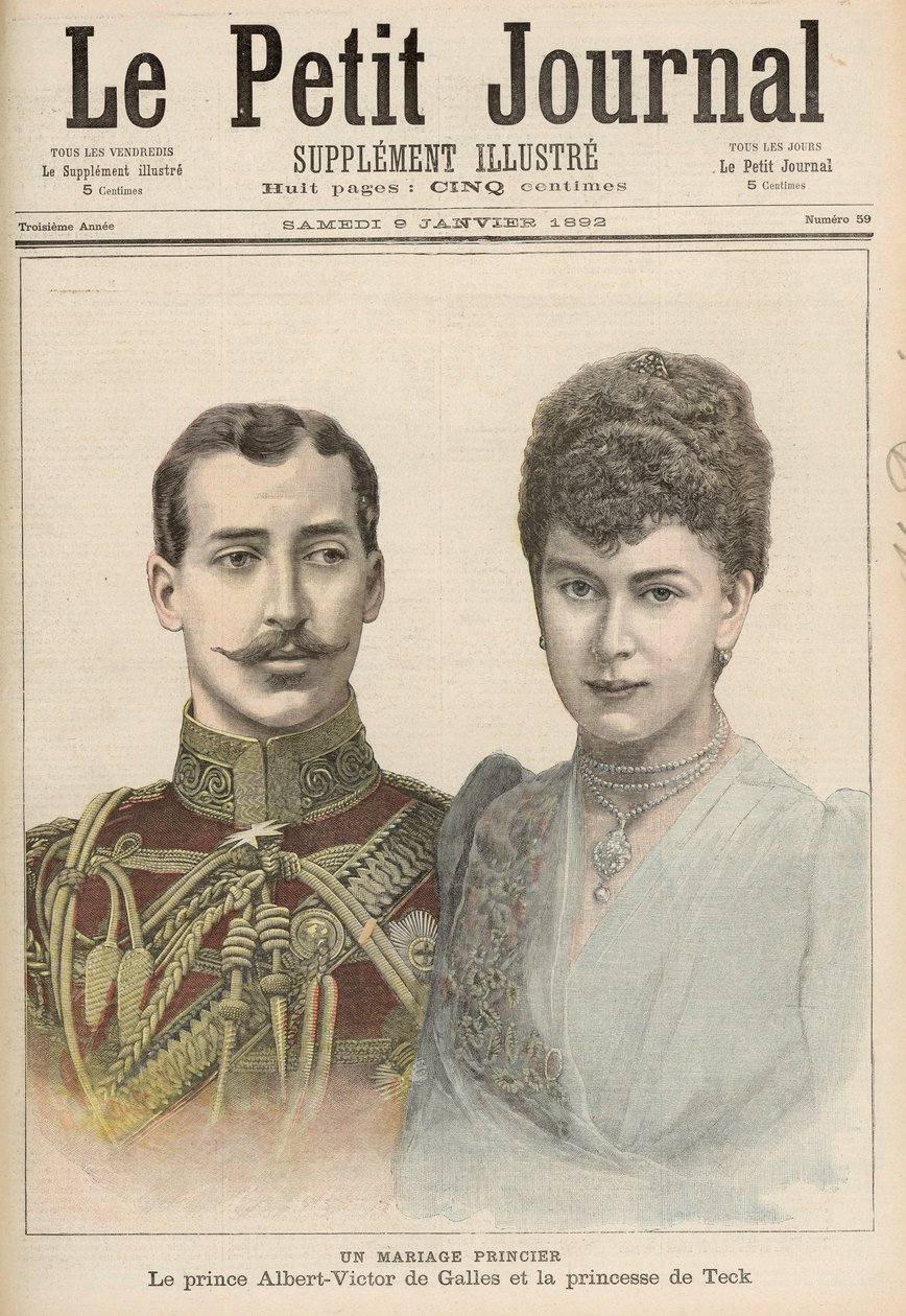 Albert Victor (1864-92) Clarence hercegének, Edward walesi herceg legidősebb fiának eljegyzése Victoria Mary of Teck-vel (1867-1953) a „Le Petit Journal”-ból, 1892. január 9. alkotó: French School