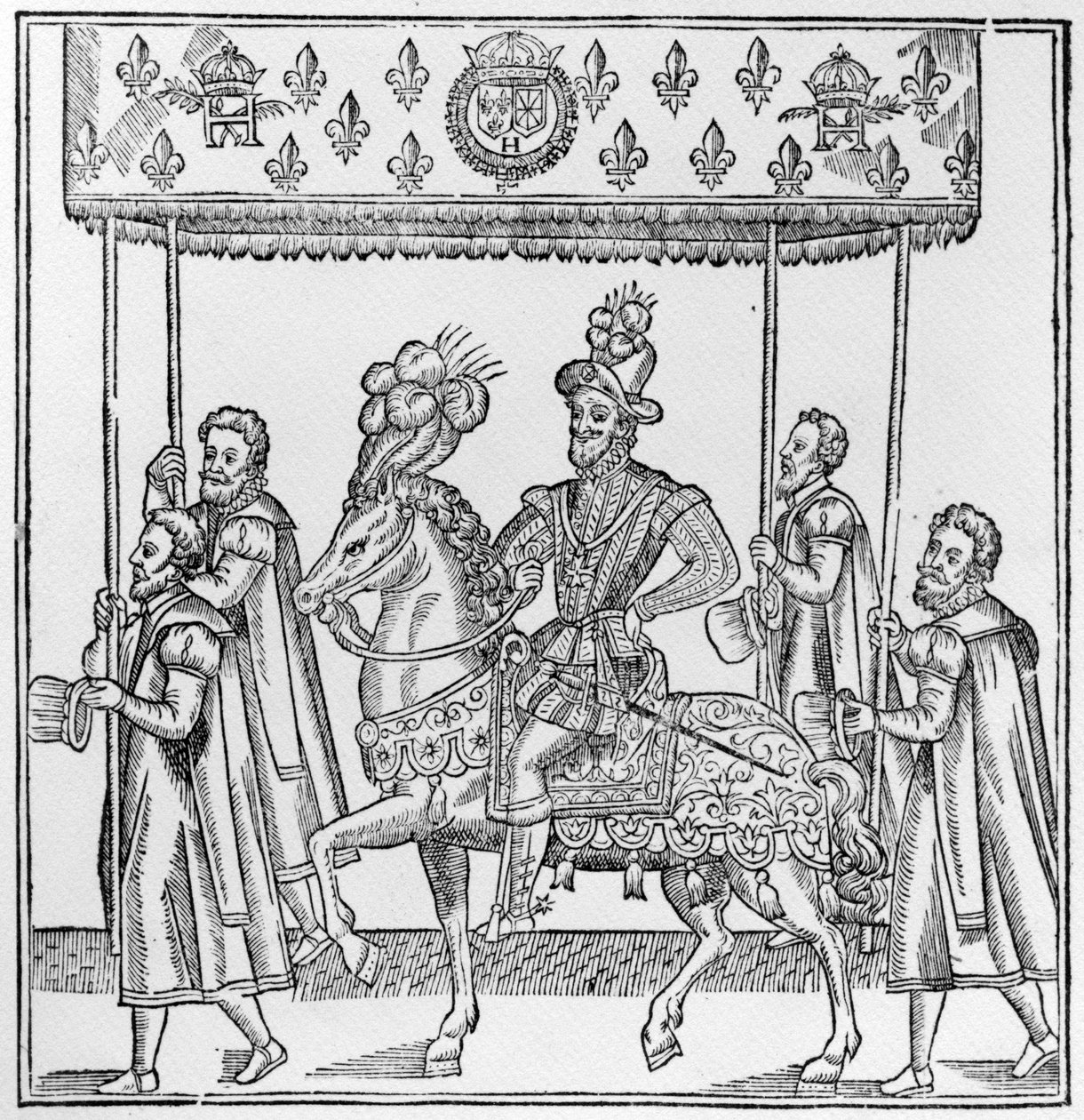 IV. Henrik belépése Rouenbe, 1596. október 16., illusztráció a „Discours de la Ioyeuse et triomphante entree de Henry IIII faicte en sa ville de Rouën”-ből, 1599-ben (fametszet) alkotó: French School
