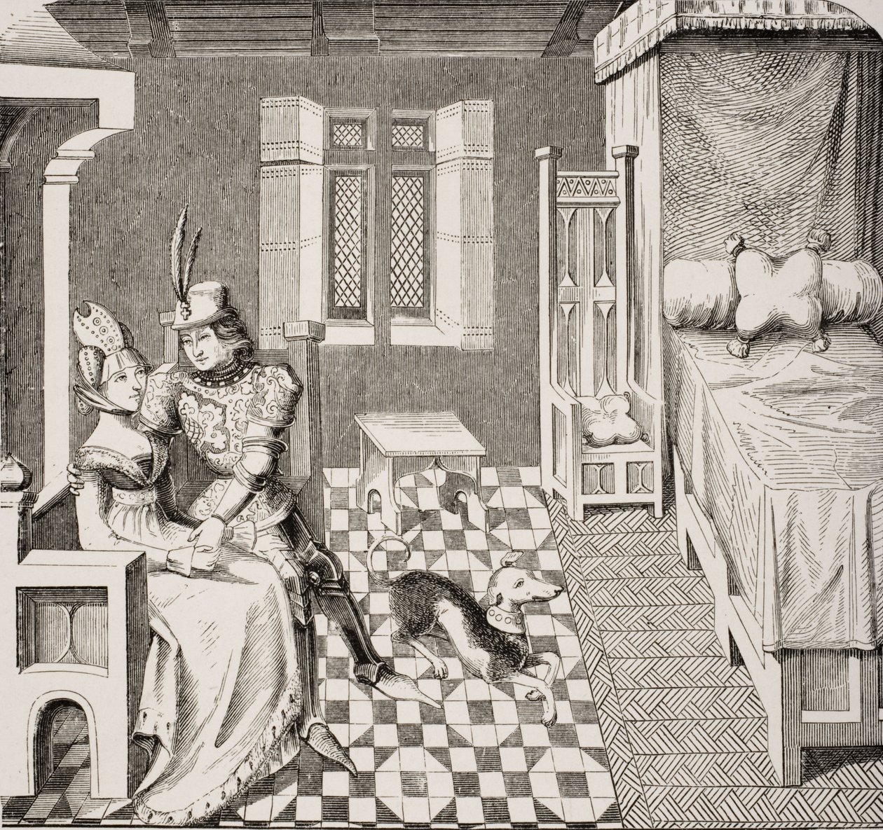 A lovag és hölgye, Christine de Pisan (1363-1430) „Othea” című versét illusztráló miniatűr Paul Lacroix (1806-84) „Le Moyen Age et La Renaissance” című művéből, amely 1847-ben jelent meg. alkotó: French School