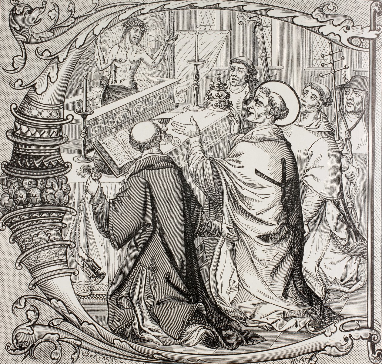Nagy Szent Gergely miséje és Jézus Krisztus megjelenése, mint a fájdalmak embere, Paul Lacroix „Katonai és vallási élet a középkorban” című művéből, London, 1880 körül. alkotó: French School