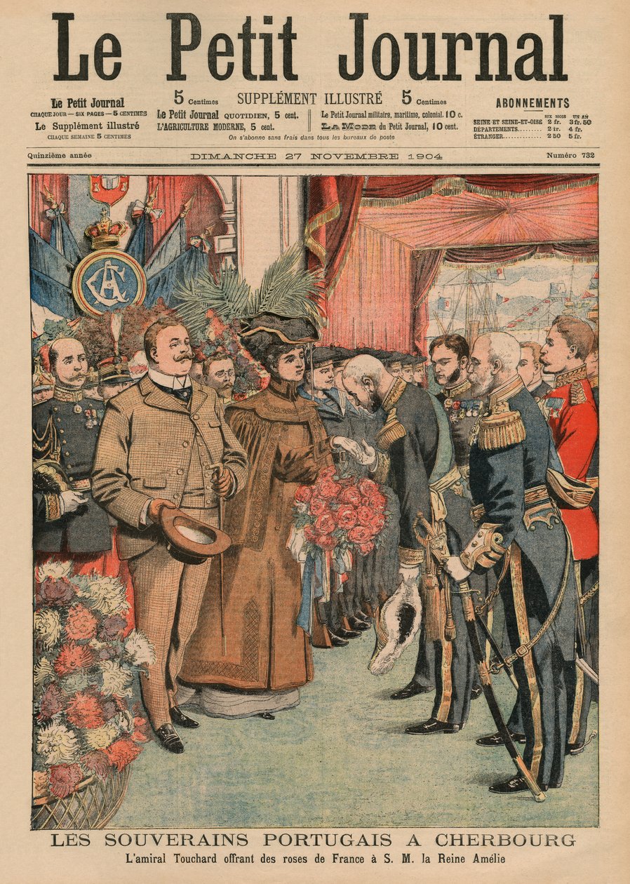 A portugál uralkodók Cherbourgban, Touchard admirális francia rózsákat kínál Őfelségének, Amelie portugál királynőnek, címlap-illusztráció a „Le Petit Journal” című folyóiratból, illusztráció melléklet, november 27. alkotó: French School
