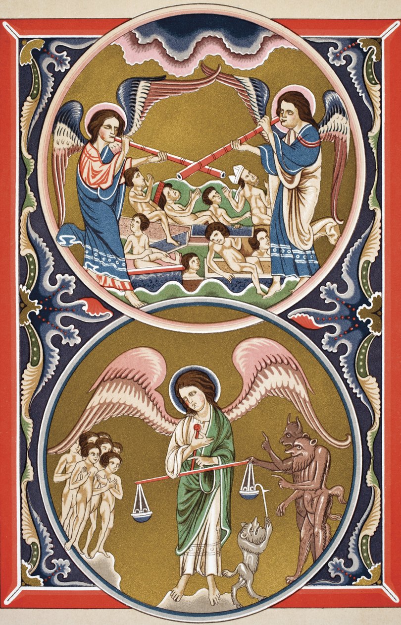 The Resurrection of the Dead and the Weighing of Souls in the Balance at the Last Judgement, Paul Lacroix (1806-84) "Science and Literature in the Middle Ages" című művéből, London, 1878 (színes kép). alkotó: French School