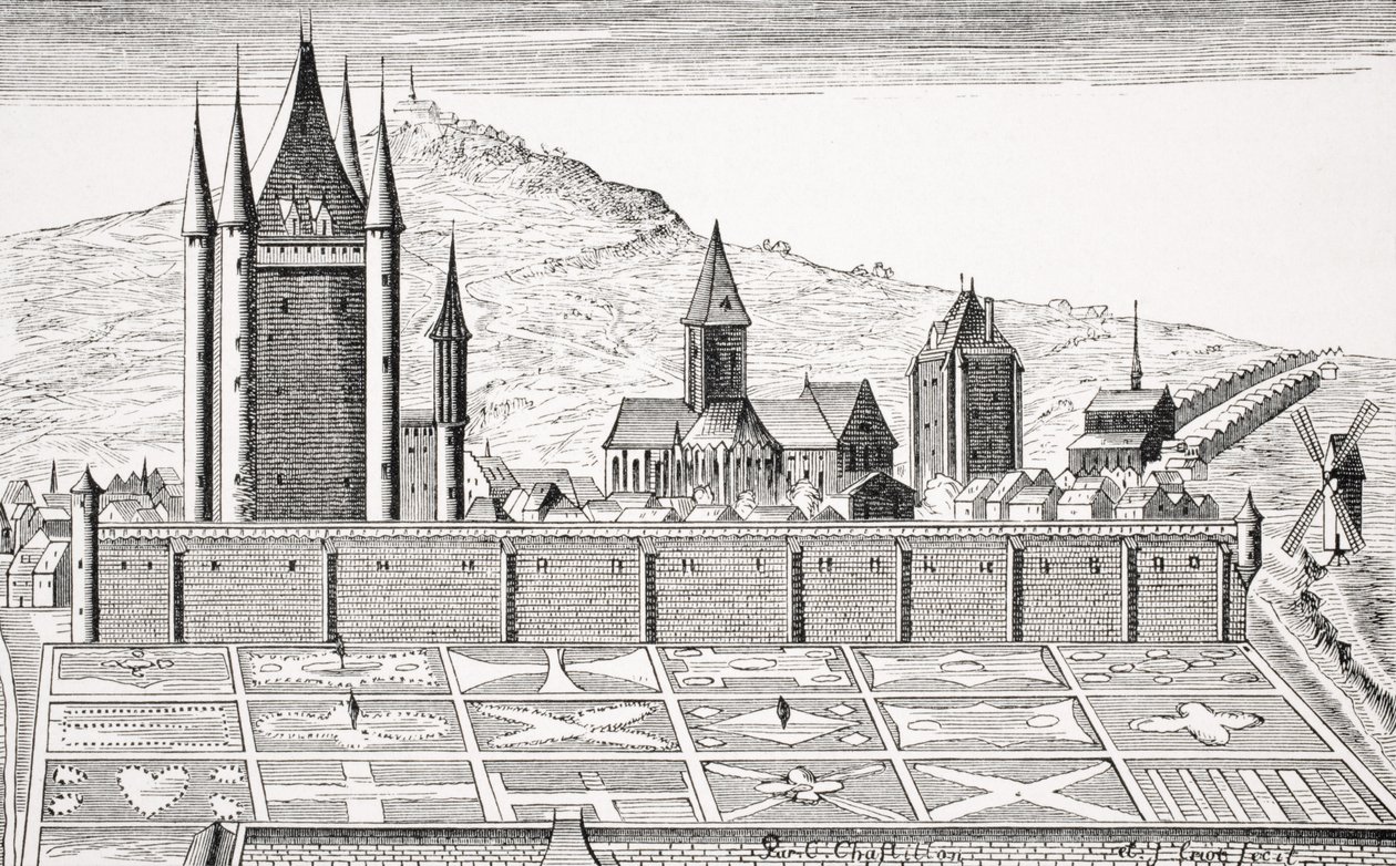 A párizsi Templom tornya Paul Lacroix (1806-84) 1847-ben megjelent "Párizs topográfiájának" metszetét követően. alkotó: French School