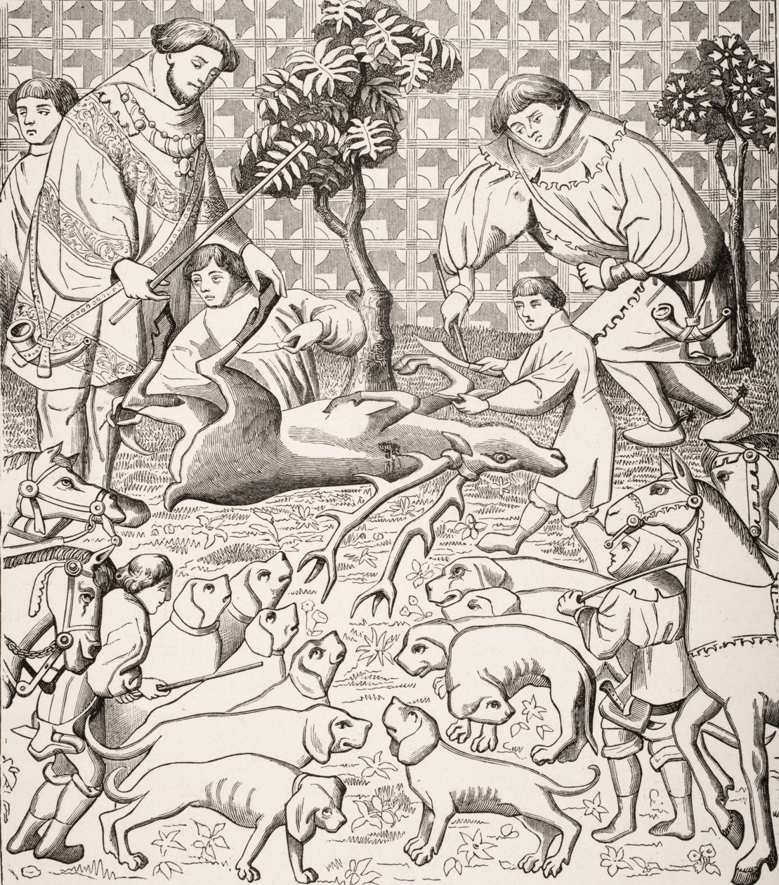 Út a szarvasbőr megnyúzásához és felvágásához a 15. század után Gaston Phoebus „Des Deduits de la Chasse des Bestes Sauvages” című művében, Paul Lacroix (1806-84) „Le Moyen Age et La Renaissance” című művéből. alkotó: French School