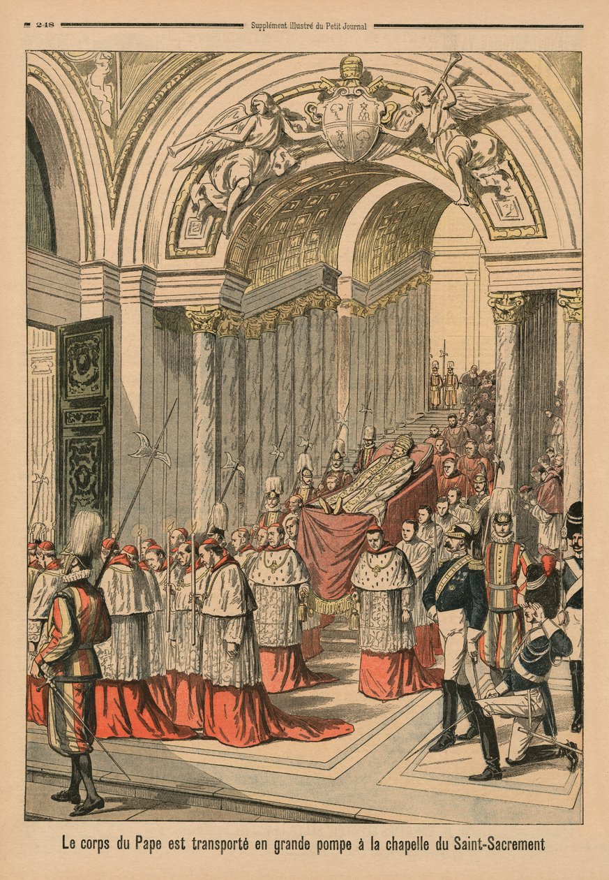 XIII. Leó pápa holttestét nagy pompával viszik az Oltáriszentség-kápolnába, a hátsó borító illusztrációja a „Le Petit Journal”-ból, illustre melléklet, 1903. augusztus 2. alkotó: French School