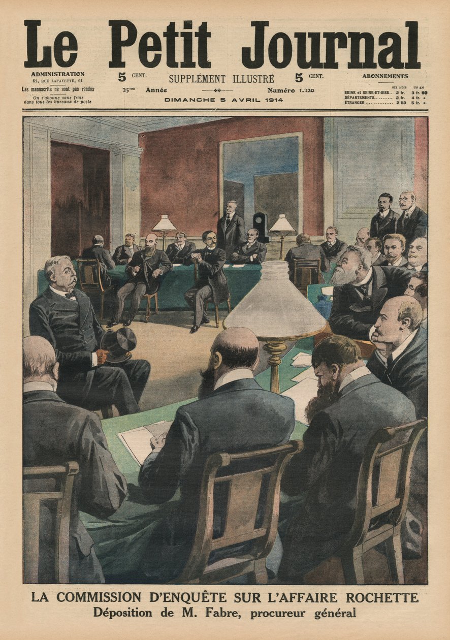 A Rochette-ügy vizsgálóbizottsága, Monsieur Fabre ügyész bizonyítéka, a „Le Petit Journal” első borítójának illusztrációja, kiegészítő illusztráció, 1914. április 5. alkotó: French School