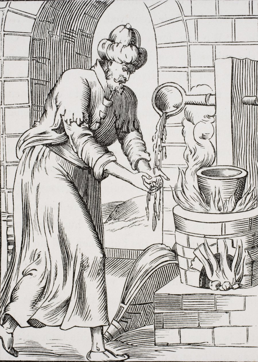 A cigány, aki olvasztott ólomban mosott kezet Pierre Boaistuau „Histoires Merveilleuses” című, 1560-ban megjelent fametszete nyomán Paul Lacroix (1806-84) „Le Moyen Age et La Renaissance” című művéből. alkotó: French School