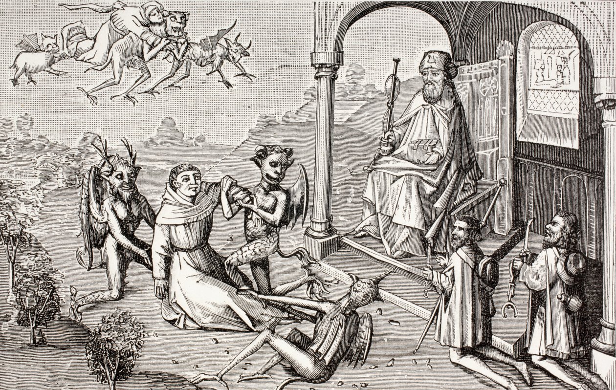 A mágus Armogenész megparancsolja az ördögöknek, hogy hozzák el neki Szent Jakab apostolt, Paul Lacroix "Military and Religious Life in the Middle Ages" című művéből, London, 1880 körül. alkotó: French School