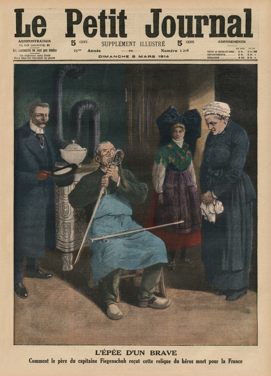 Egy bátor ember kardja, hogyan kapta meg Fiegenschuh kapitány apja a Franciaországért elesett hős ereklyéjét, címlapillusztráció a "Le Petit Journal", supplement illustre, 1914. március 8. (színes). alkotó: French School