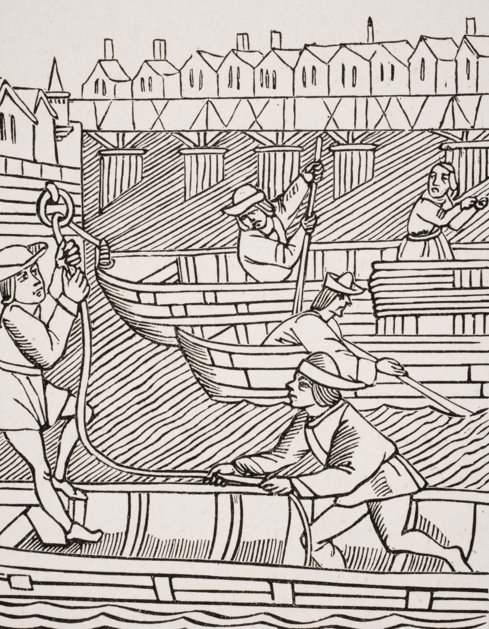 Toll Under the Bridges of Paris, a "Ordonnances de la Prevoste des Marchands de Paris" 1500-as fametszete nyomán Paul Lacroix (1806-84) "Le Moyen Age et La Renaissance" című művéből, 1847-ben. alkotó: French School