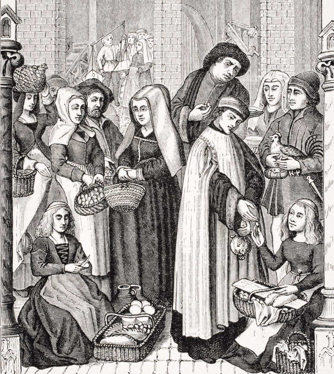 A piacok útdíját egy klerikus vetette ki a 15. századi festett ablak után a Tournay-i katedrálisban, Paul Lacroix (1806-84) „Le Moyen Age et La Renaissance” című művéből, amely 1847-ben jelent meg. alkotó: French School