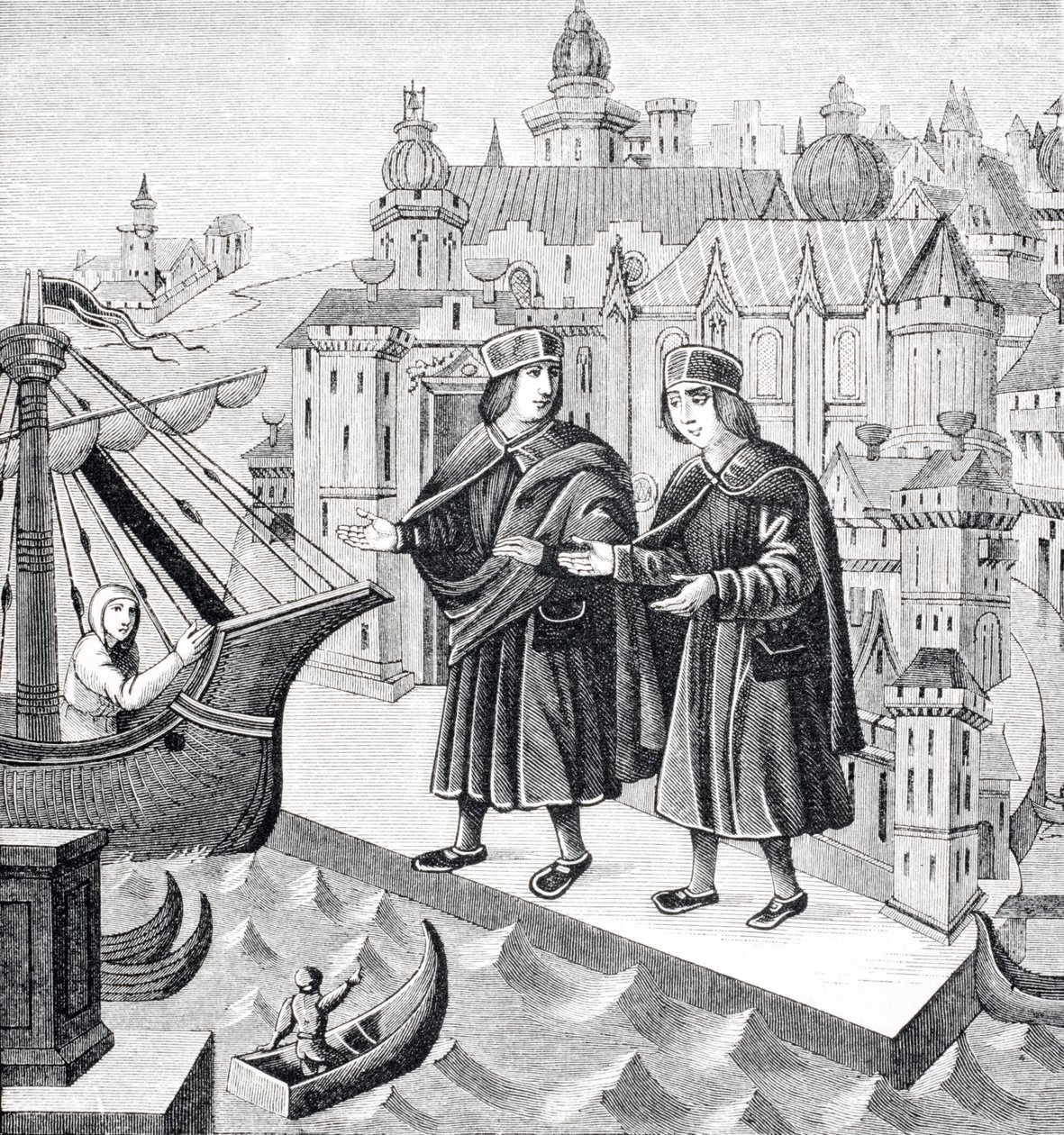 Trade on the Seaports of the Levant, egy miniatűr reprodukciója a 15. századi kéziratban, a „Marco Polo utazásai” Paul Lacroix (1806-84) „Le Moyen Age et La Renaissance” című művéből, 184-ben. alkotó: French School
