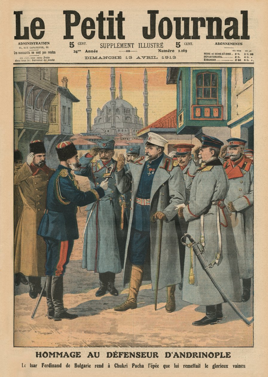 I. Ferdinánd bolgár cár Andrianopoly védőjének tisztelegve visszaadja Shukri pasának a dicsőséges legyőzött kardját, a „Le Petit Journal” címlapjának illusztrációja, illustr. alkotó: French School