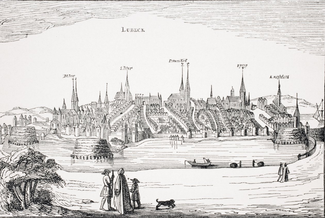 Lübeck és kikötője a 16. században, egy rézlemez után P. Bertius „Commentaria Rerum Germanicarum” című művében, amelyet 1616-ban adtak ki Amszterdamban, Paul „Le Moyen Age et La Renaissance” című művéből. alkotó: French School