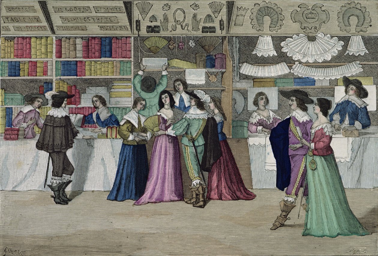 Boltok a Palais de Justice galériájában XIII. Lajos idején (1601-43) a „Costumes de Paris a Travers les Siecles” kiadásából. Roy, megjelent 1887 (színes metszet) alkotó: Garcia