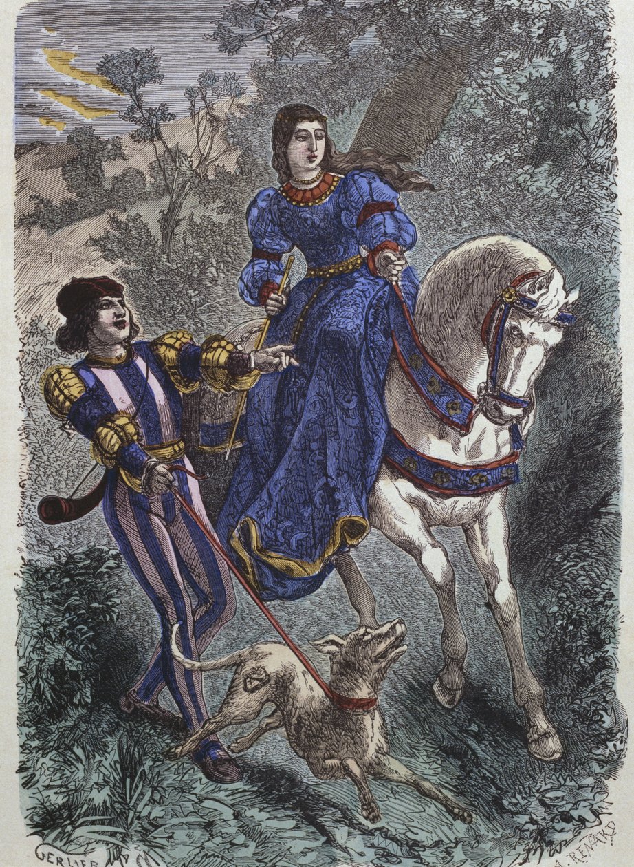 Vadászjelmezek a 15. században, fiatal lovagló nő lovaglójával, illusztráció H. Gourdon de Genouillac „Paris viseletei a travers les siecles” című művéből, metszett A. Renard (XIX. század) (koll. alkotó: Gerlier