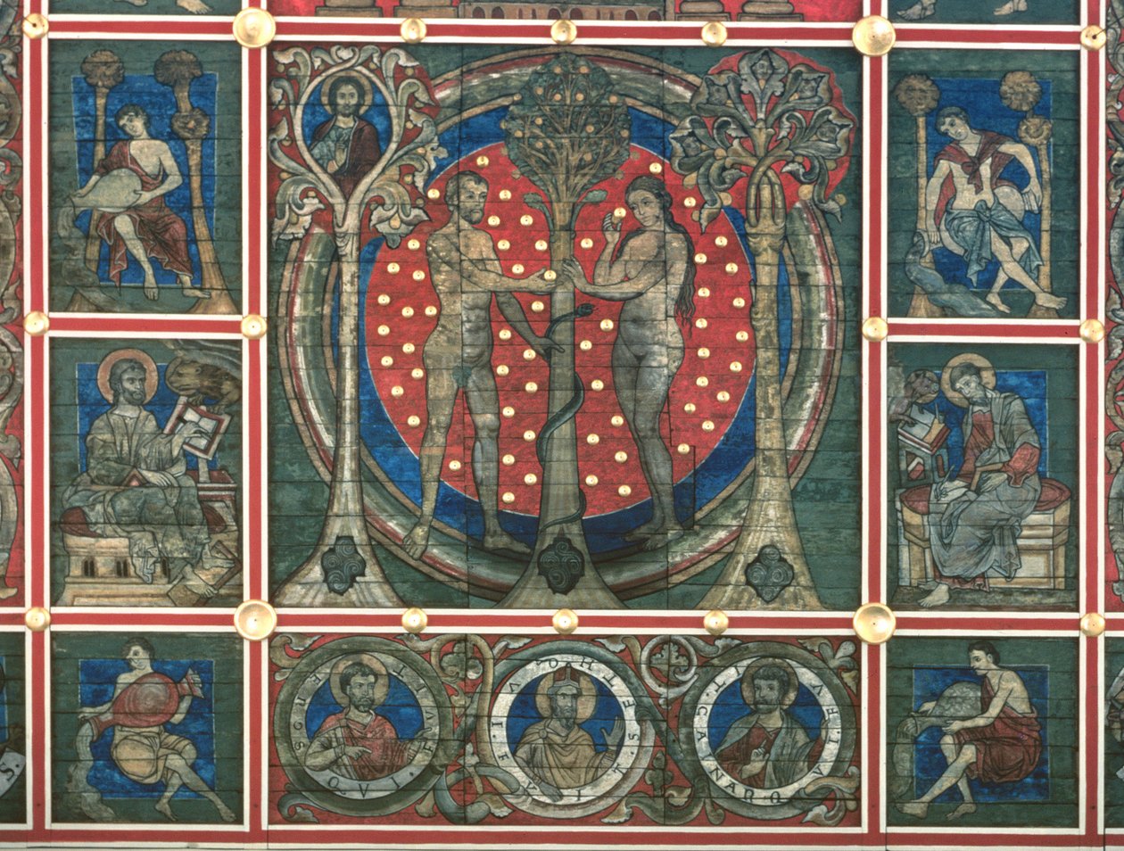 Ádám és Éva, részlet a „Jesse fája” festett mennyezetről, evangélisták, próféták és a Paradicsom folyói mellett, 1240-50 körül (tempera a panelen) (lásd még: 112366 és 114784) alkotó: German School