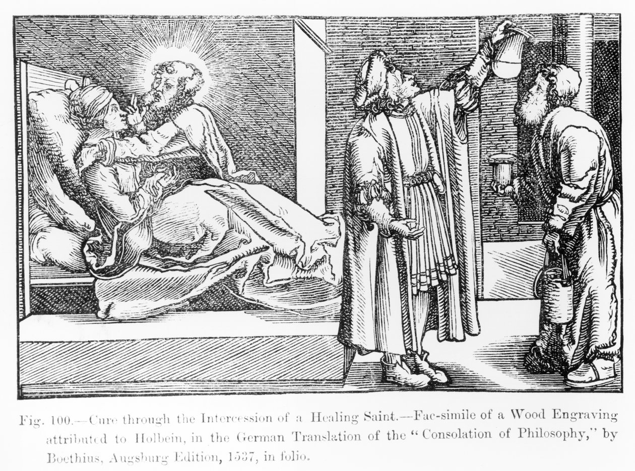 Gyógyulás egy gyógyító szent közbenjárására, Boethius 1537-ben megjelent „A filozófia vigasza” című könyvéből, illusztráció a „Tudomány és irodalom a középkorban és a reneszánszban” című könyvéből, wr. alkotó: German School