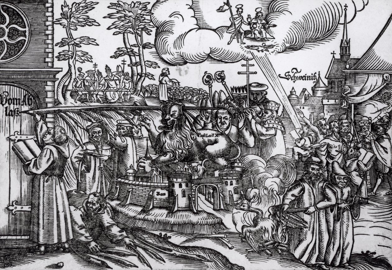 Luther Márton (1483-1546) írás a wittenbergi templom ajtajára 1517-ben (fametszet) (bw fotó) alkotó: German School
