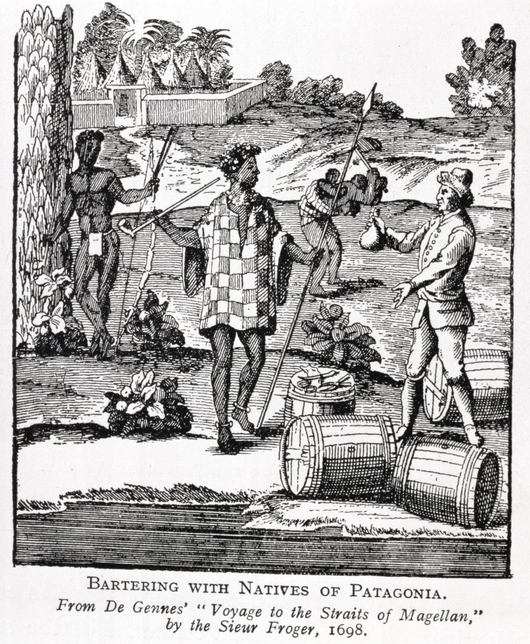 Spanyol cserekereskedelem Patagónia bennszülötteivel, de Gennes „Utazás a Magellán-szorosba” című művéből, Sieur Froger, 1698, „The Romance of the River Plate”, 1. köt. I, W. H. Koebel, 1914 (engr alkotó: German School