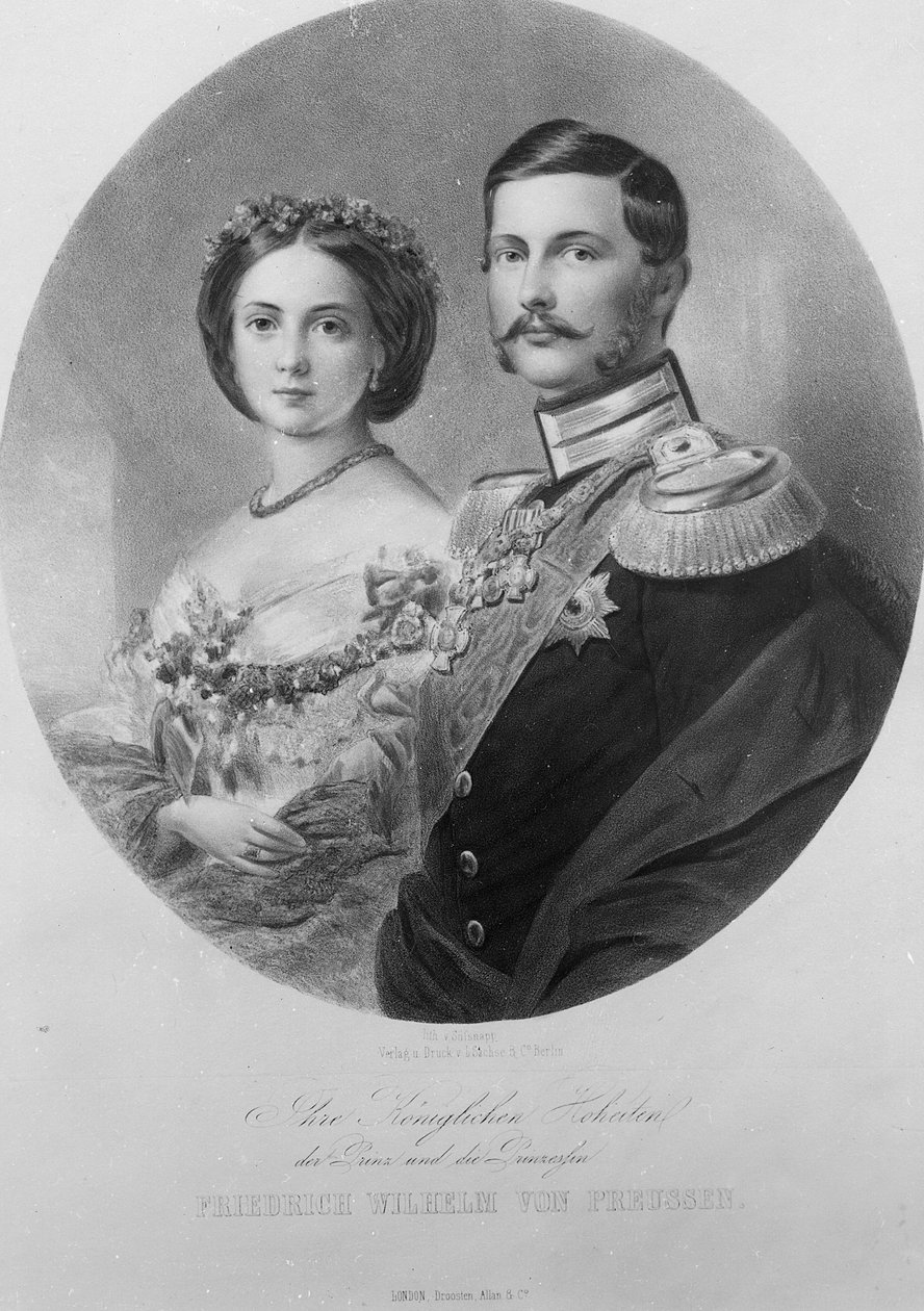Királyi Felségük Viktória hercegnő (1840-1901) és Frigyes Vilmos porosz trónörökös (1831-88) esküvői portréja 1858. január 25-én, Carl Sussnapp metszetével alkotó: German School