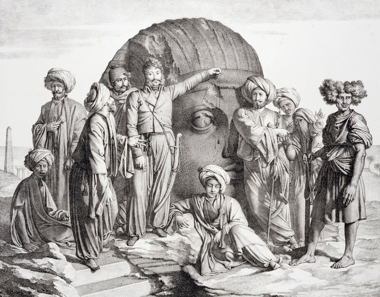 Monsieur Drovetti és követői egy kolosszális fej mérésére használt merőleges vonal segítségével az egyiptomi sivatagban, G. Engelmann metszete, Comte de Forbin "Voyage dans le Levant" című művéből, megjelent 1819-ben (ld. alkotó: Granger