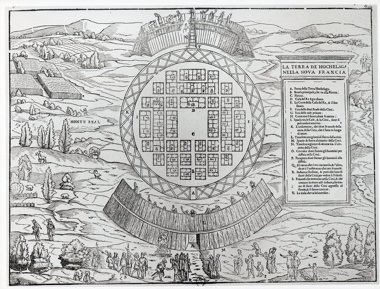 Hochelaga (Montreal) alapítása, Giovanni Battista Ramusio (1485-1557) „A Navigációk és utazások harmadik kötetéből, amelyek az új világba navigációt tartalmazzák”, 1556-ban jelent meg (en alkotó: Italian School