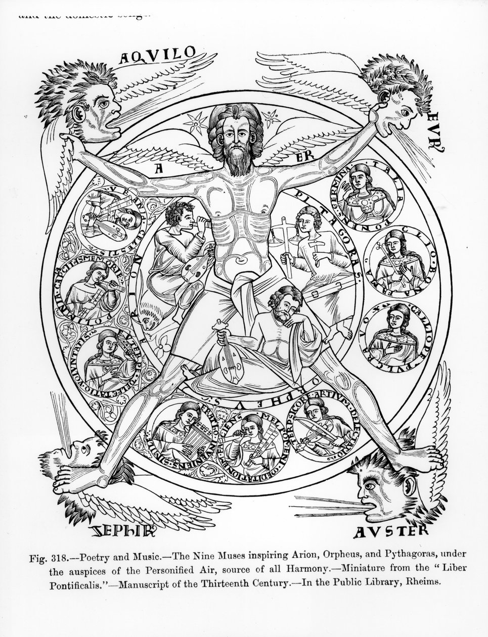 Költészet és zene, Ariont, Orpheusan Pythagorast inspiráló kilenc múzsa, a Megszemélyesített Levegő égisze alatt, minden harmónia forrása, a „Liber Pontificalis” (Pápák könyve) illusztrációjából alkotó: Italian School