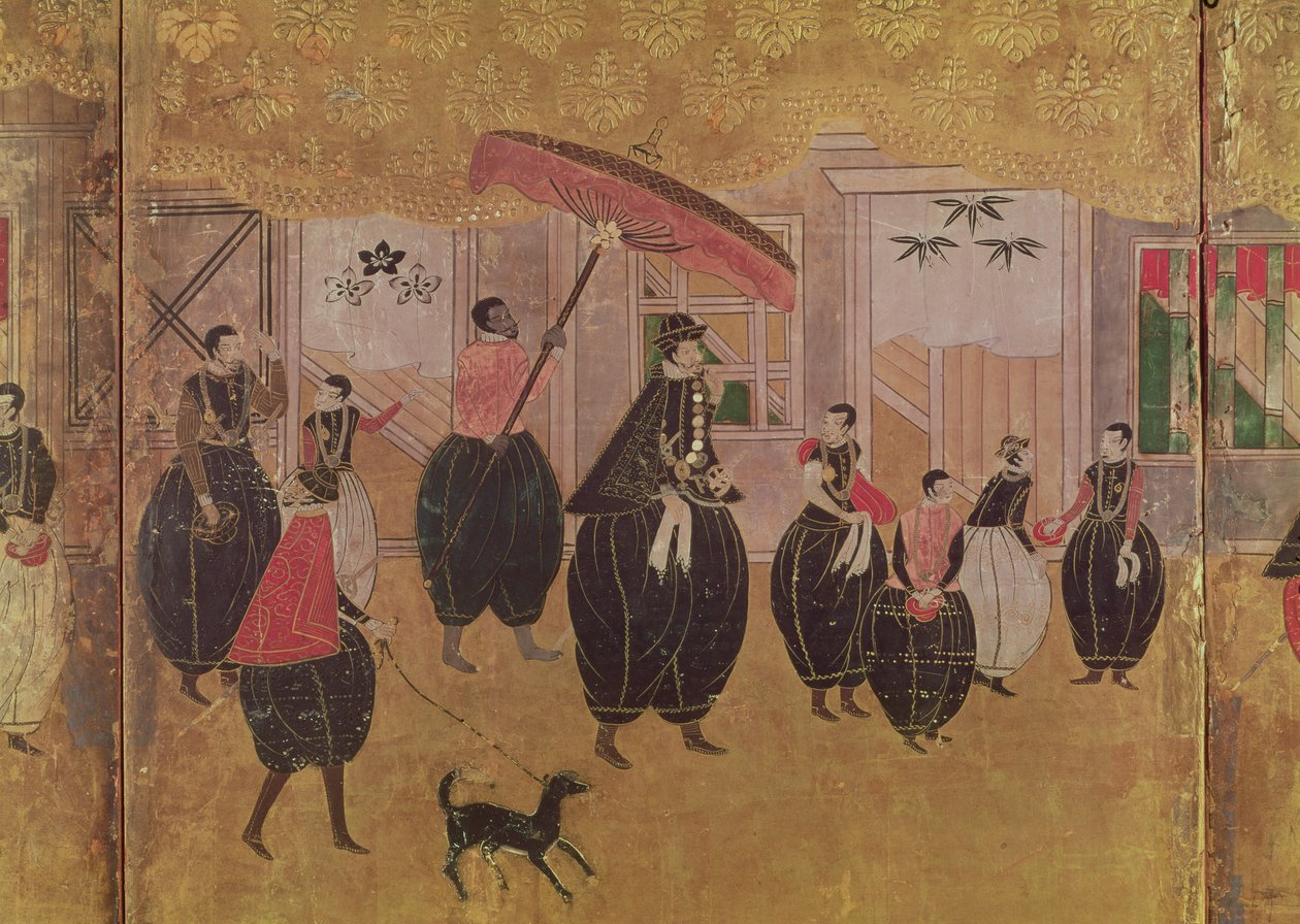 Xavéri Szent Ferenc (1506-51) és kísérete, a portugálok Japánba érkezését ábrázoló összecsukható képernyő jobb oldali részének részlete, a Kano School (lakk) alkotó: Japanese School
