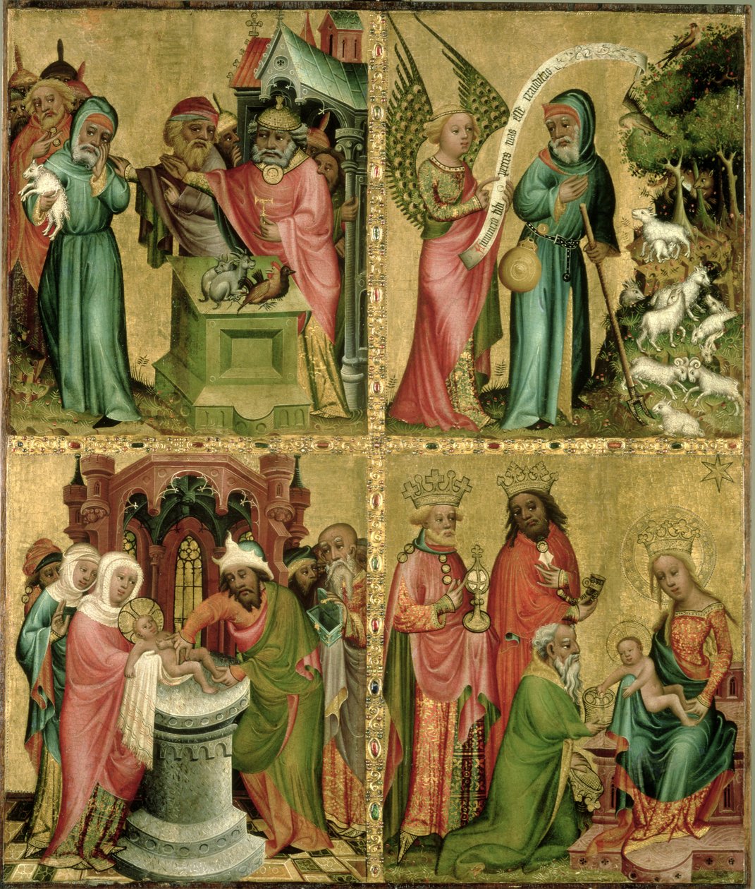 Joachim áldozata, Krisztus körülmetélése, Angyali üdvözlet Szent Joachimnak és a Mágusok imádása a Buxtehude-oltár bal szárnyából, 1400-10 (tempera a panelen) alkotó: Master Bertram of Minden