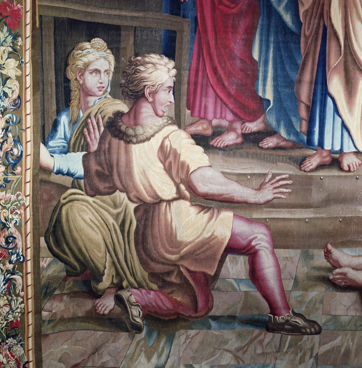 Az apostolok cselekedeteit, Ananiás halálát ábrázoló kárpit (két ijedtségtől elfogott néző részlete), amelyet a Beauvais-műhelyben szőttek Philippe Behagle (1641-1705) irányításával, alkotó: Raffaello Sanzio Raphael