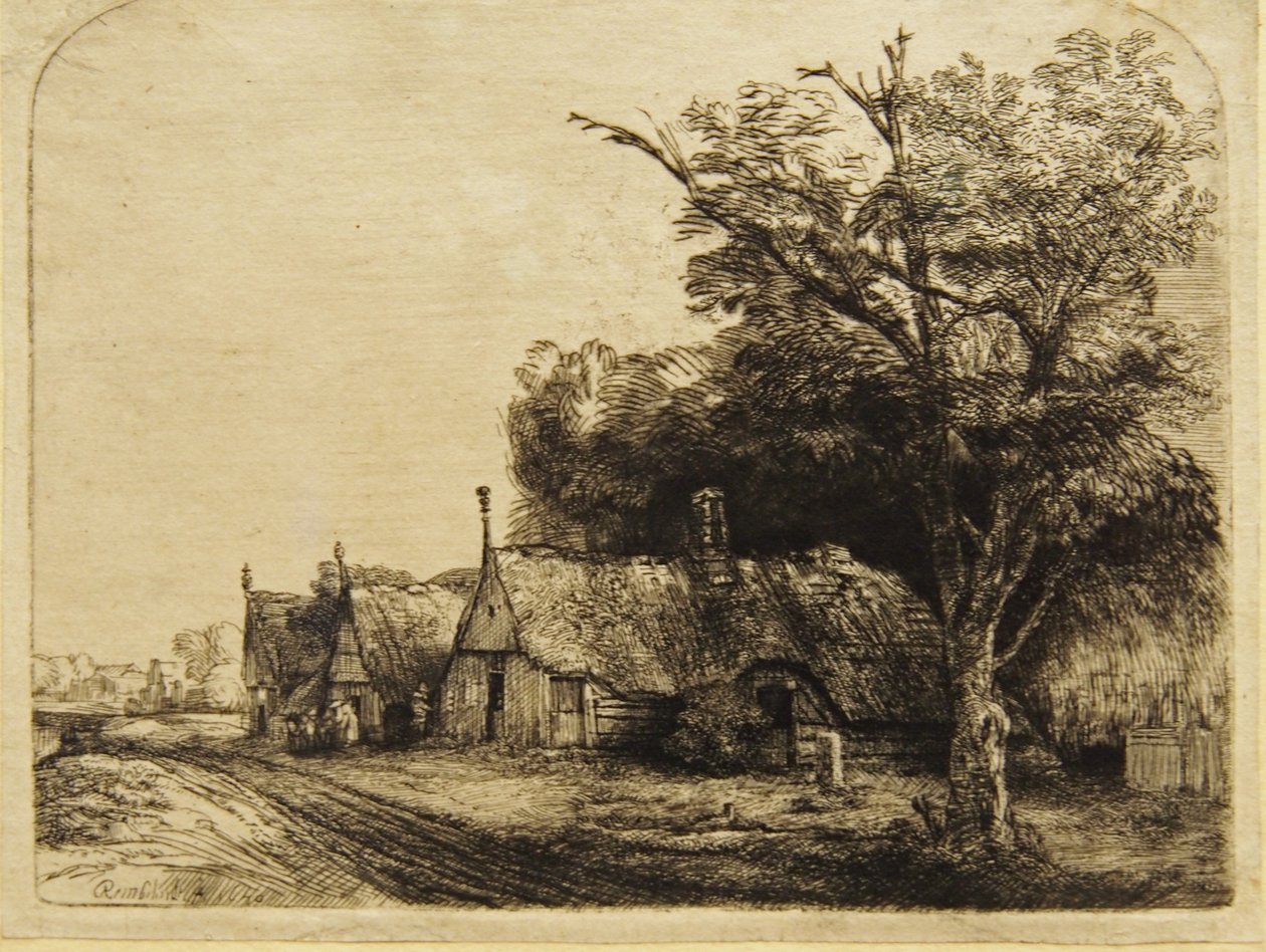Három parasztház egy út mentén alkotó: Rembrandt van Rijn