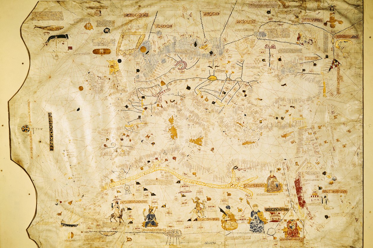 V. Károly térképe, Mecia de Viladestes térképe, Európa és Észak-Afrika portulánja, 1413 (vellum) alkotó: Spanish School