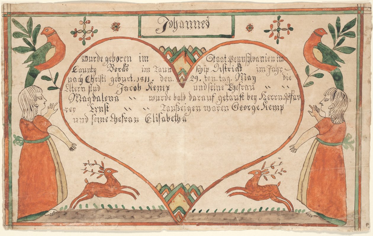 Születési és keresztelési anyakönyvi kivonat (Geburts und Taufschein) Johannes Kemp számára, illusztráció a „Papers for Birth Dayes: Guide to the Fraktur Artists and Scriveners”, 1815 körül (toll és tinta WC-vel papíron) alkotó: Springing Deer Artist