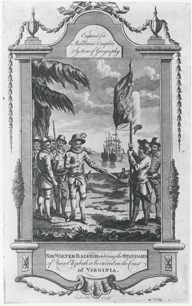 Sir Walter Raleigh (1552-1618) elrendelte, hogy 1584-ben állítsák fel Erzsébet királynő zászlóját Virginia partjainál, amelyet a művész metszett a „Middleton