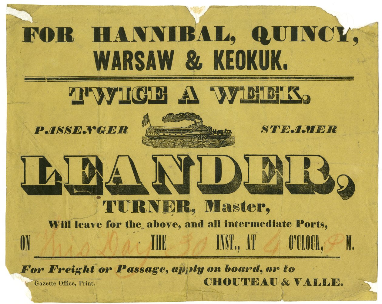 Hirdetés S.S.Leandernek hetente kétszer fuvar vagy átjárás, Hannibal, Quincy, Varsó és Keokuk, kb. 1850 alkotó: Unknown